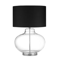 Glass Sphere Table Lamp with Metal Pole Running Inside and Drum Shade, Black and Clear