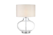 Glass Sphere Table Lamp with Metal Pole Running Inside and Drum Shade, White and Clear
