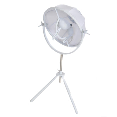 Metal Photography Table Lamp with Fabric Head and Tripod Feet, White and Silver