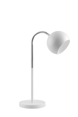 Metal Table Lamp with Goose Neck Design and Round Base, White and Silver