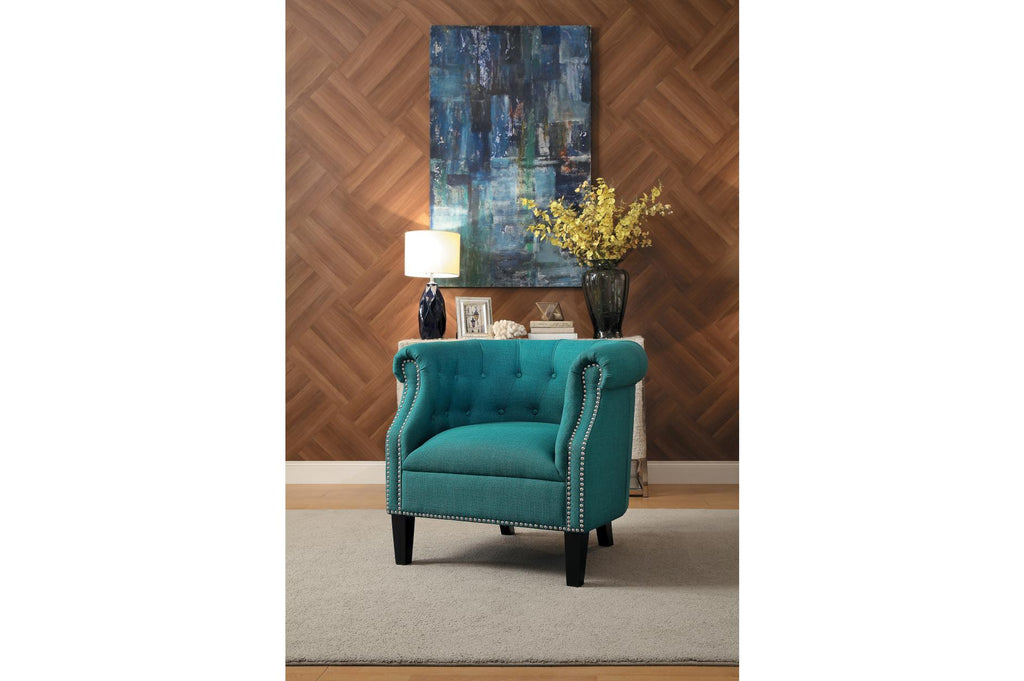 Transitional Polyester Upholstered Button Tufted Accent Chair with Nail Head Trim, Blue