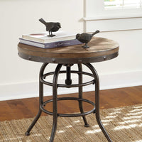 Round Metal Framed End Table with Wooden Top and Riveted Trim Accent, Brown and Black