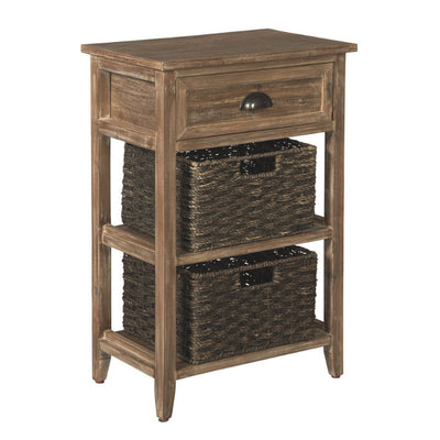 Cottage Style Wooden Accent Table with Two Woven Storage Baskets, Brown