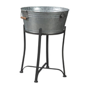Round Metal Beverage Tub with Wooden Handles and Flared Stand, Galvanized Gray