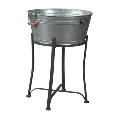 Round Metal Beverage Tub with Wooden Handles and Flared Stand, Galvanized Gray
