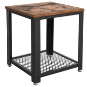 Metal Frame End Table with Wooden Top and Wide Mesh Bottom Shelf, Brown and Black