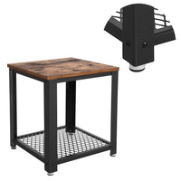 Metal Frame End Table with Wooden Top and Wide Mesh Bottom Shelf, Brown and Black
