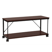 Wood and Metal Frame TV stand with Bottom Shelf and Casters, Brown and Black