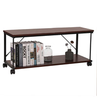 Wood and Metal Frame TV stand with Bottom Shelf and Casters, Brown and Black