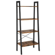 Four Tiered Rustic Wooden Ladder Shelf with Iron Framework, Brown and Black