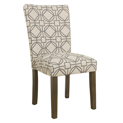 Parson Dining Chairs with Trellis Patterned Fabric Upholstered Seating, Beige and Gray, Set of Two