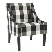 Fabric Upholstered Wooden Accent Chair with Buffalo Plaid Pattern, Black and White