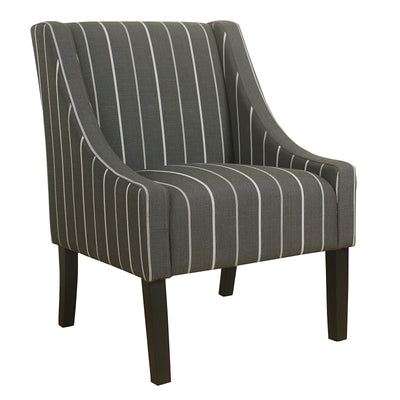 Fabric Upholstered Wooden Accent Chair with Stripe Pattern and Swooping Armrests, Black and White