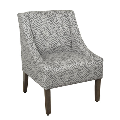 Geometric Pattern Fabric Upholstered Wooden Accent Chair with Swooping Armrests, Gray and Brown