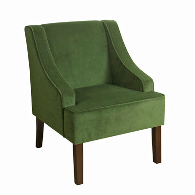 Fabric Upholstered Wooden Accent Chair with Swooping Armrests, Green and Brown