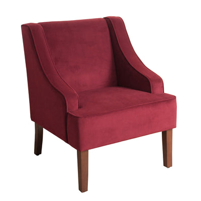 Fabric Upholstered Wooden Accent Chair with Swooping Armrests, Red and Brown
