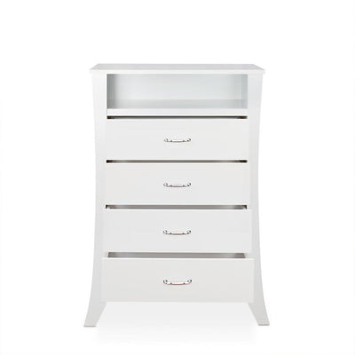 Wooden Four Drawers Chest with Open Top Compartment and Splayed Legs, White