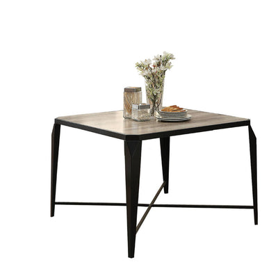 Square Shaped Wooden Dining Table with Metal Legs, Brown and Black