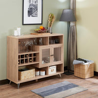 Contemporary Wooden Server with Four Open Compartments and Metal Tapered Legs, Brown