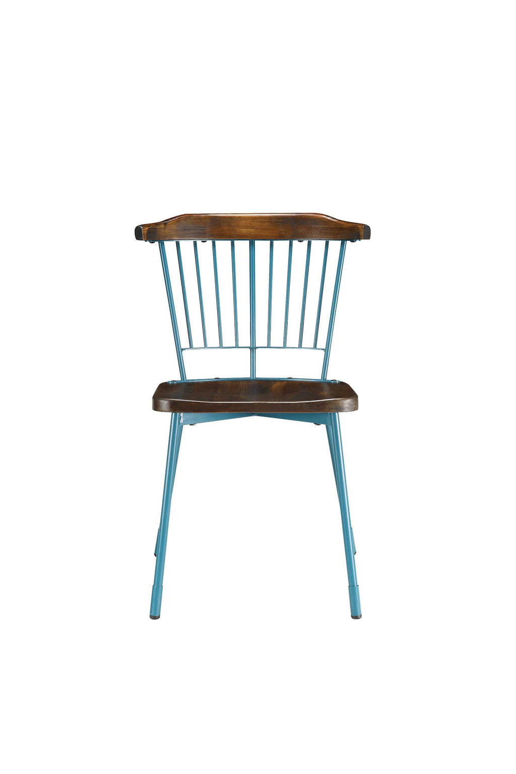 Wood and Metal Side Chairs with Slat Style Back, Blue and Brown, Set of Two