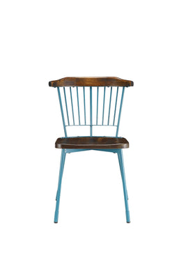 Wood and Metal Side Chairs with Slat Style Back, Blue and Brown, Set of Two