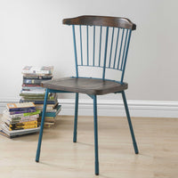 Wood and Metal Side Chairs with Slat Style Back, Blue and Brown, Set of Two