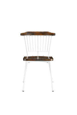 Wood and Metal Side Chairs with Slat Style Back, White and Brown, Set of Two