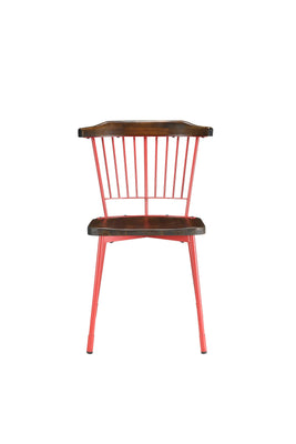 Wood and Metal Side Chairs with Slat Style Back, Red and Brown, Set of Two