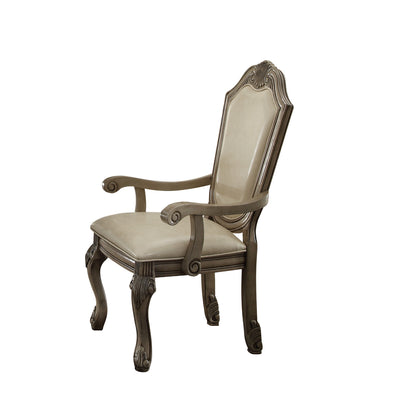 Faux Leather Upholstered Wooden Arm Chairs with Carved Details, Antique White, Set of Two