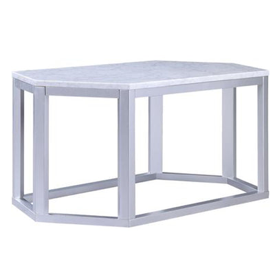 Hexagonal Shape Wooden Coffee Table with Marble Top, White and Silver