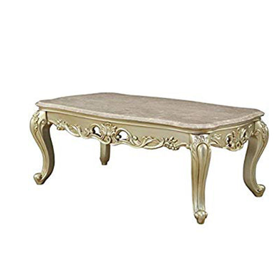 Wooden Coffee Table with Decorative Polyresin Carvings and Marble Top, White