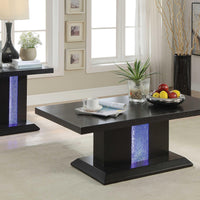 Wooden Coffee Table with LED Inlaid Pedestal Base and Beveled Edges, Black