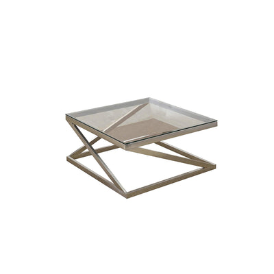 Square Shape Glass Top Coffee Table with Geometric Metal Base, Silver and Clear