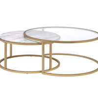 Metal Framed Nesting Coffee Tables with Glass and Marble Tops, Set of Two, Gold