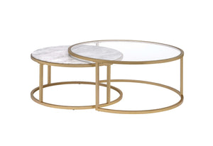 Metal Framed Nesting Coffee Tables with Glass and Marble Tops, Set of Two, Gold