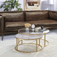 Metal Framed Nesting Coffee Tables with Glass and Marble Tops, Set of Two, Gold
