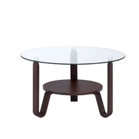 Glass Top Wooden Coffee Table with Curvy V shaped Legs and Open Shelf, Brown and Clear