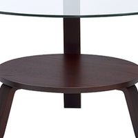 Glass Top Wooden Coffee Table with Curvy V shaped Legs and Open Shelf, Brown and Clear