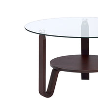 Glass Top Wooden Coffee Table with Curvy V shaped Legs and Open Shelf, Brown and Clear