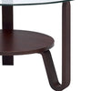 Glass Top Wooden Coffee Table with Curvy V shaped Legs and Open Shelf, Brown and Clear