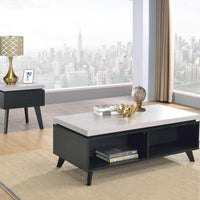 Wooden Coffee Table with Faux Concrete Top and Tapered Legs, White and Black