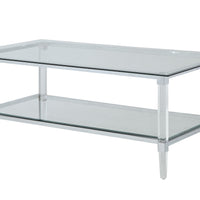 Metal Accented Glass Top Coffee Table with Open Shelf and Acrylic Legs, Silver and Clear