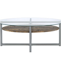Metal Base Oval Coffee Table with Wooden Shelf and Glass Top, Black and Brown