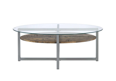 Metal Base Oval Coffee Table with Wooden Shelf and Glass Top, Black and Brown