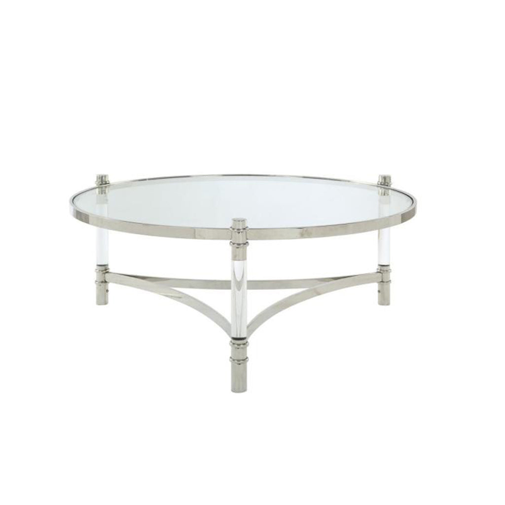 Acrylic and Stainless Steel Round Coffee Table with Glass Top, Silver and Clear