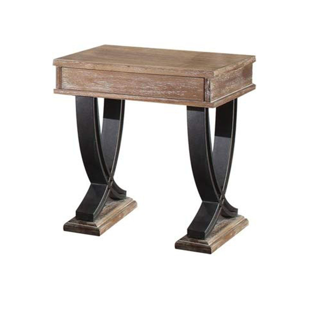 Rustic Wooden End Table with Drawer and Metal X Shape Support, Black and Brown