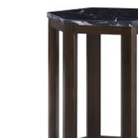 Hexagonal Shape Wooden End Table with Marble Top, Pack of Two, Black and Brown