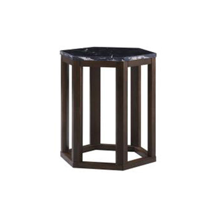 Hexagonal Shape Wooden End Table with Marble Top, Pack of Two, Black and Brown