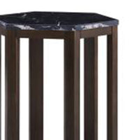 Hexagonal Shape Wooden End Table with Marble Top, Pack of Two, Black and Brown