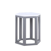 Hexagonal Shape Wooden End Table with Marble Top, Pack of Two, White and Silver
